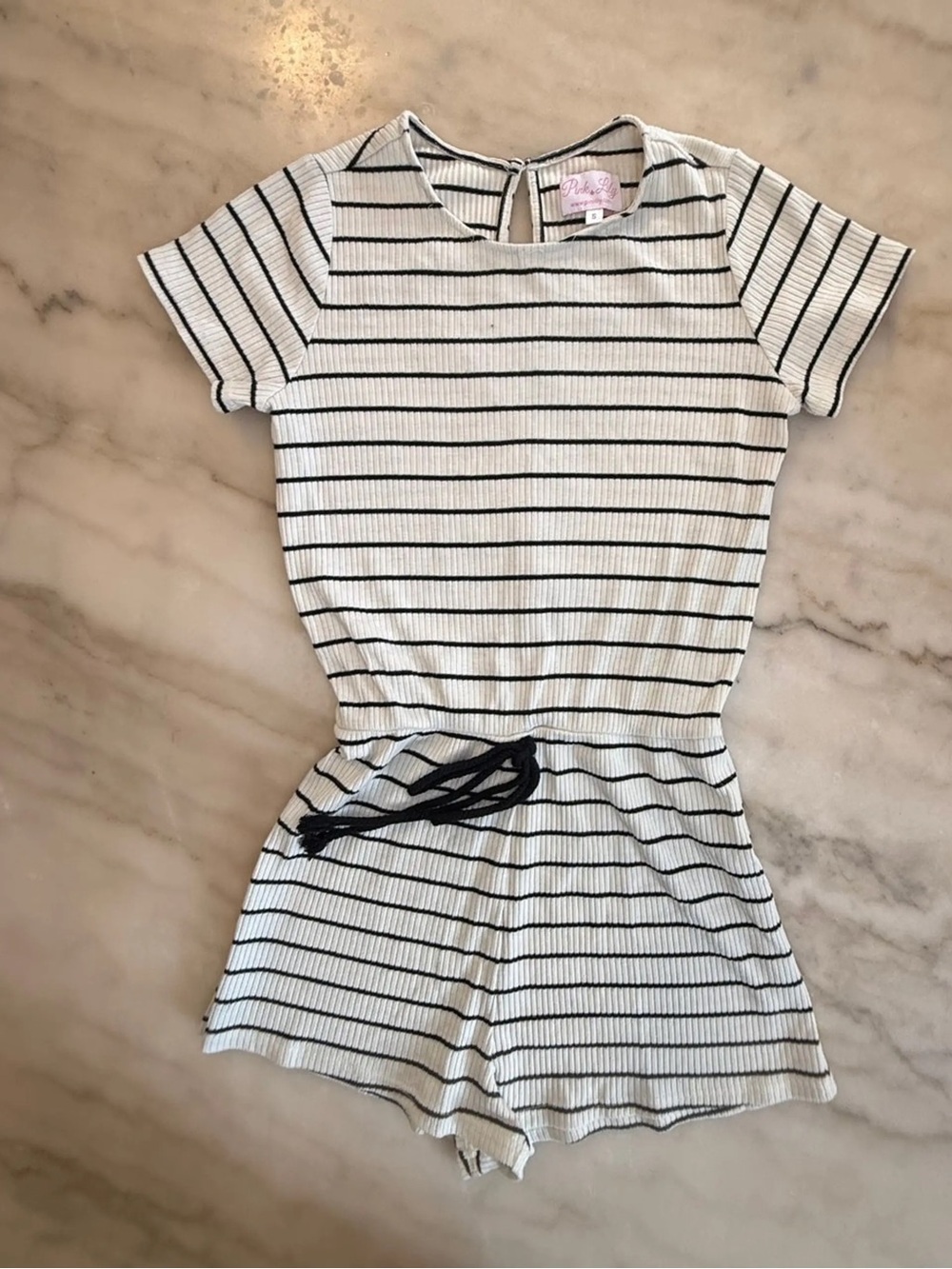 🔥 Pink Lily White Romper with Black Stripes Size MEDIUM